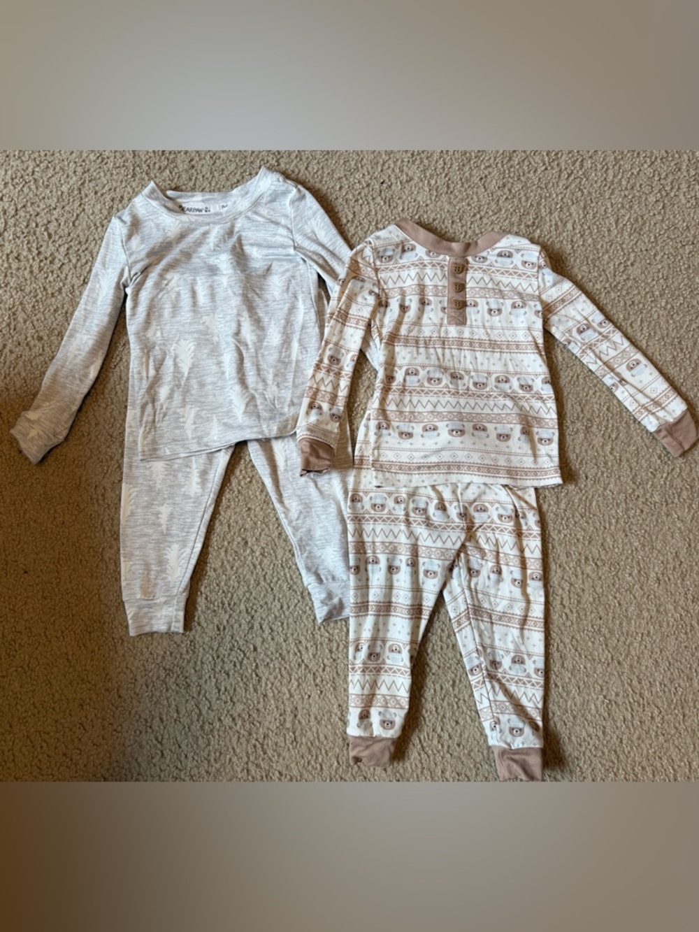 BearPaw Kids Two-Piece Pajama Sets in Light Gray and Taupe-Cream Bear Print